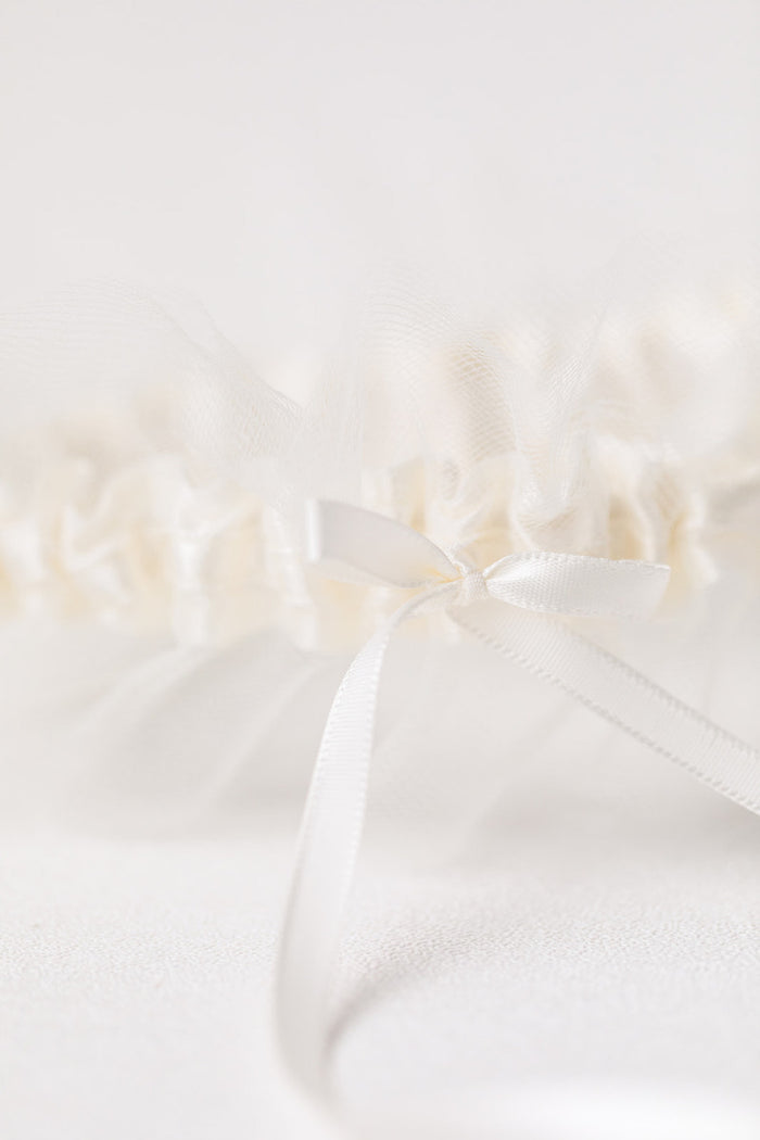 custom wedding garter with ivory satin and tulle