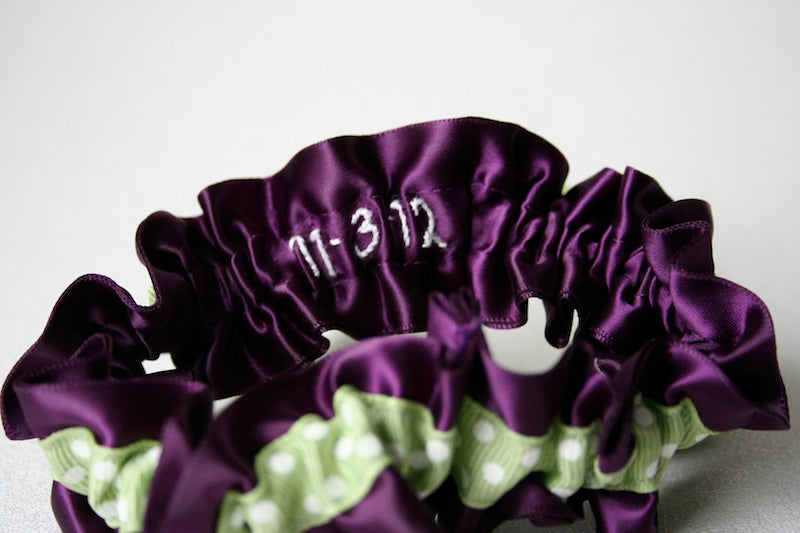Sage Green Polka Dot and Purple Embroidered Garter Set