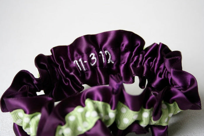Sage Green Polka Dot and Purple Embroidered Garter Set