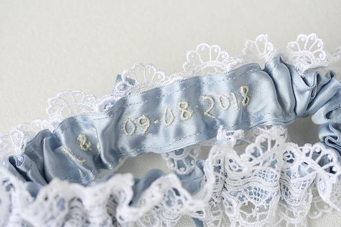 Garter: Lace, Dusty Blue Satin & Personalized Inside