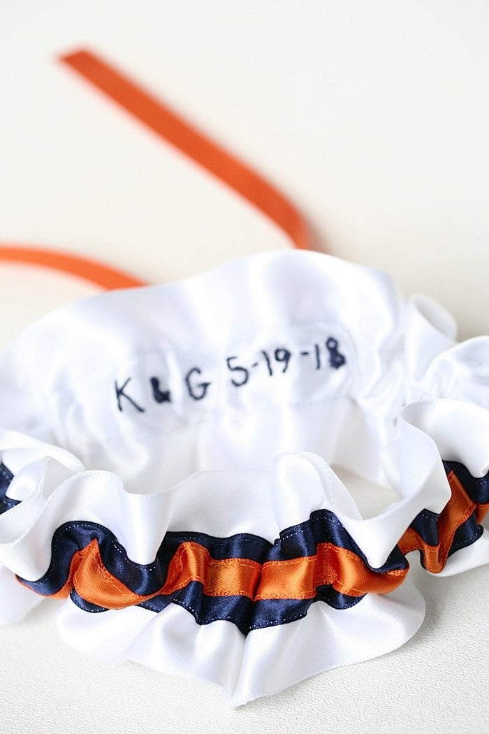 Garter: White, Navy Blue, Orange, Pearls & Wedding Date