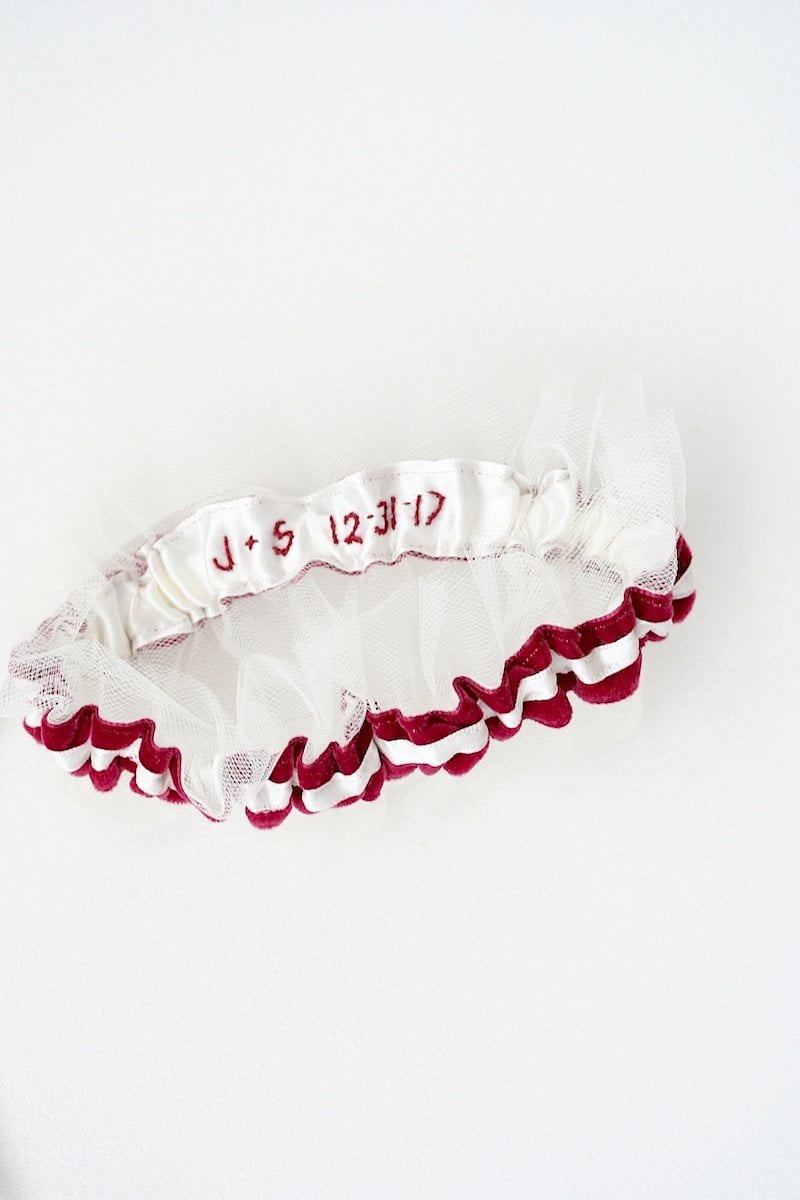 Garter: Bordeaux Velvet Ivory Tulle and Embroidery