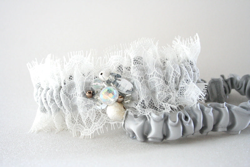 Ivory Lace and Gray Sparkle Garter Set
