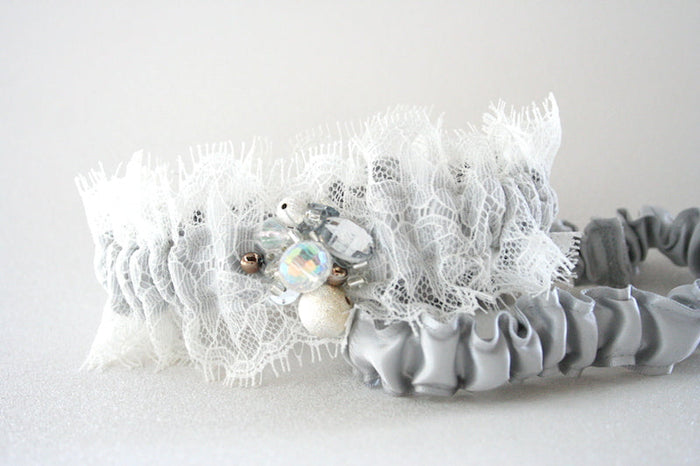 Ivory Lace and Gray Sparkle Garter Set