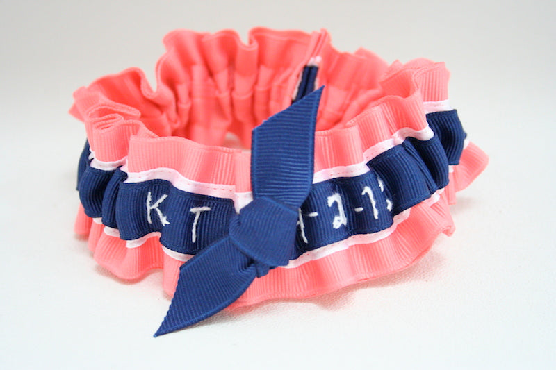 Coral, Navy and White Embroidered Garter