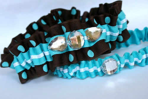 Brown Polka Dot and Turquoise Sparkle Garter Set