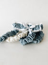 Wedding garter & hair scrunchies made from mom's dress & dad's blue plaid shirt by The Garter Girl