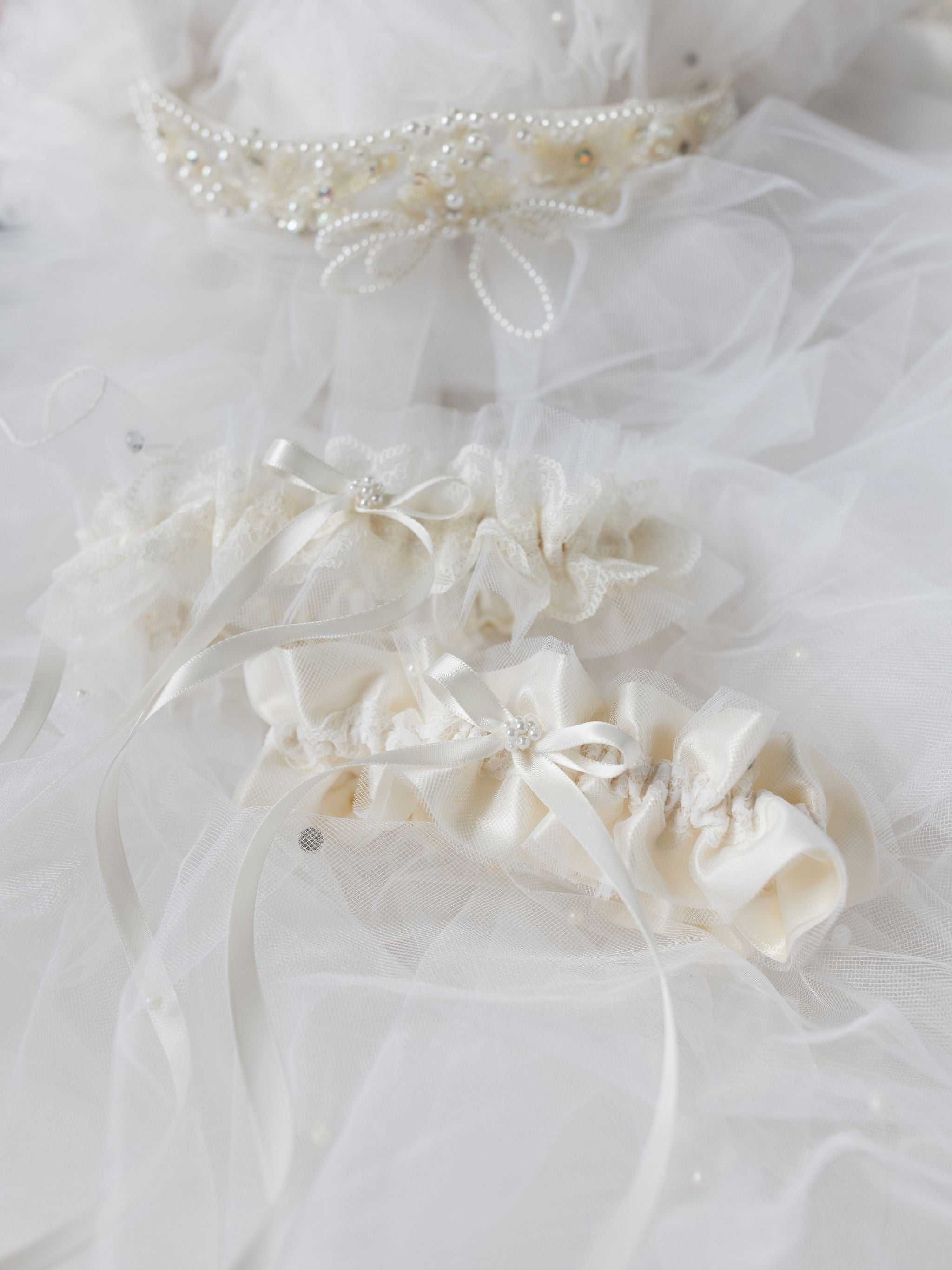 customized wedding garter sets for sisters from mother's bridal veil with pearls, tulle & lace handmade by The Garter Girl