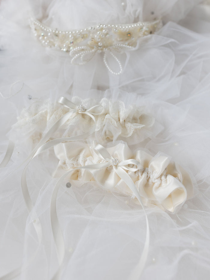 customized wedding garter sets for sisters from mother's bridal veil with pearls, tulle & lace handmade by The Garter Girl