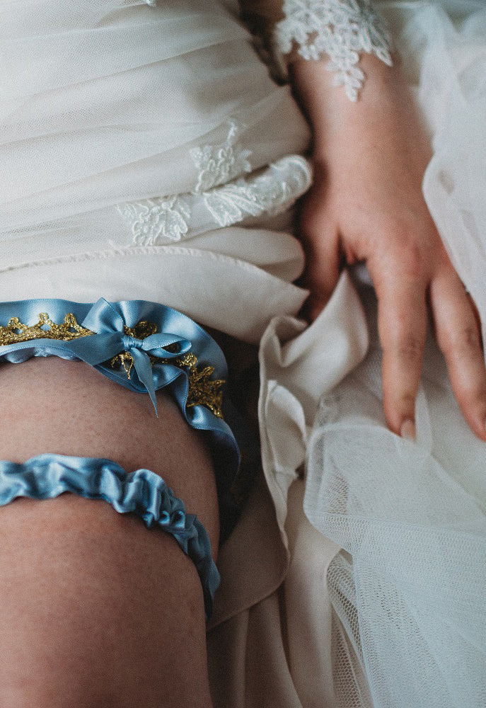 Wedding Garter in Dusty Blue with Gold Lace