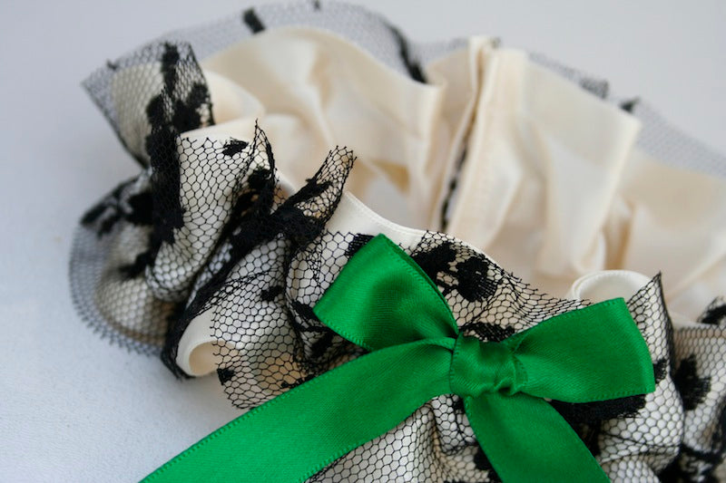 Wedding Garter Set: Ivory, Black Lace and Emerald Green