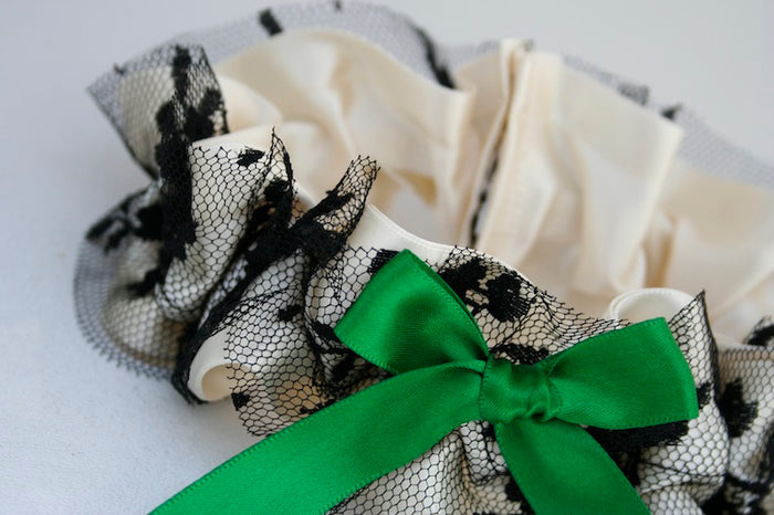Wedding Garter Set: Ivory, Black Lace and Emerald Green