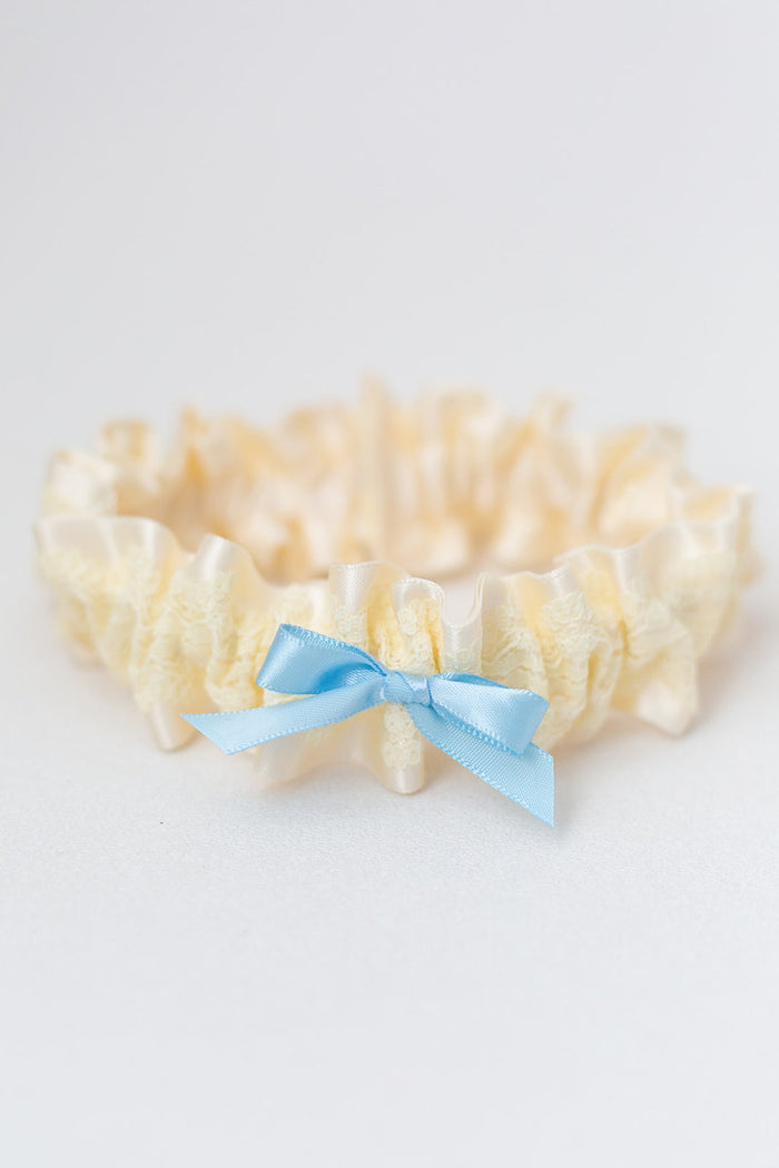 custom ivory lace and blue garter