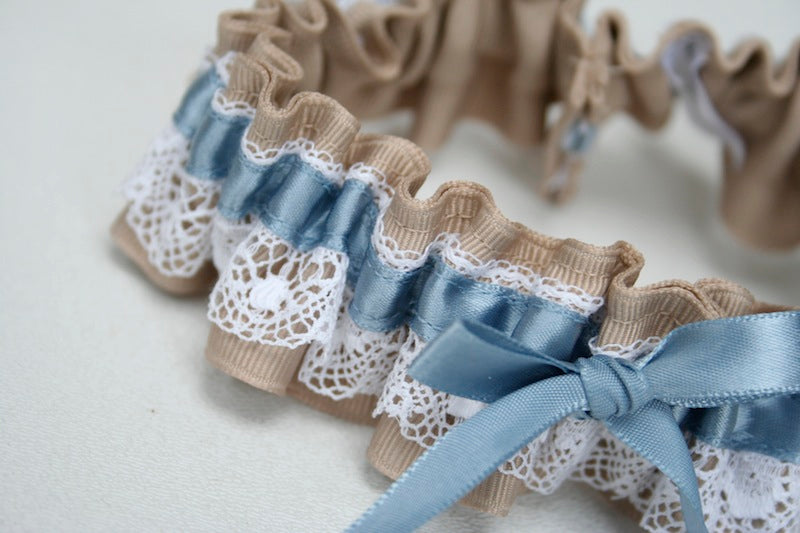 Khaki, Blue and White Lace Garter