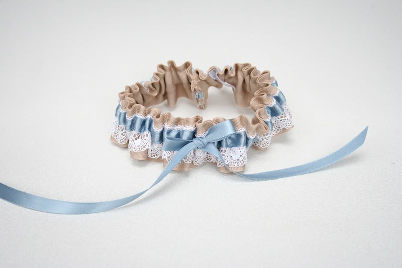 Custom Wedding Garter: Khaki, Lace and Blue