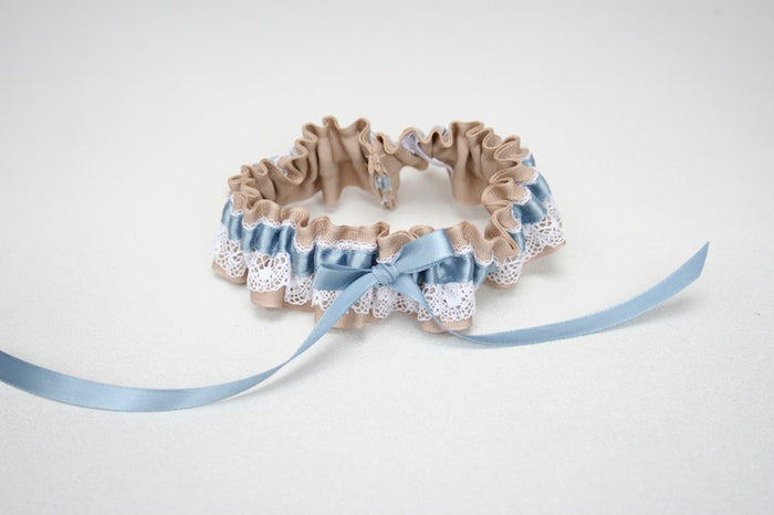 Custom Wedding Garter: Khaki, Lace and Blue