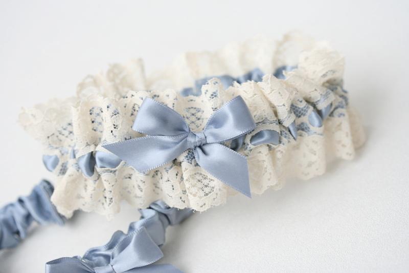 Garter Set: Ivory Lace & Dusty Blue Satin