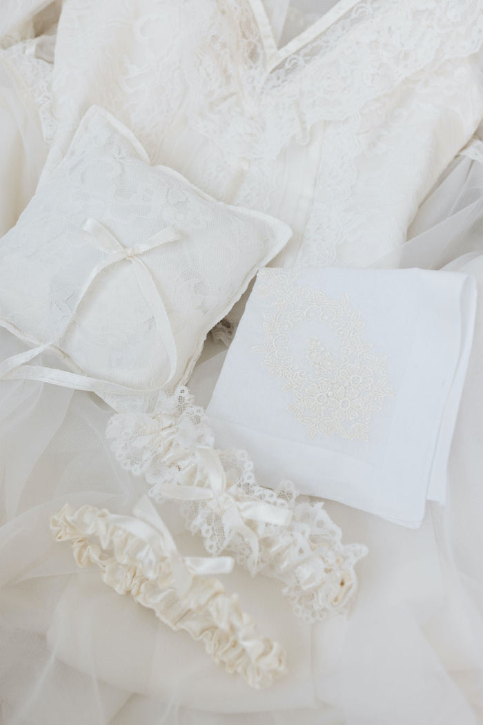 wedding garter set, ring pillow & handkerchief handmade from the bride's mother's lace wedding dress, bridal accessory designed by The Garter Girl