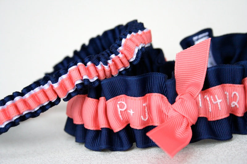 Navy Blue and Coral Embroidered Garter