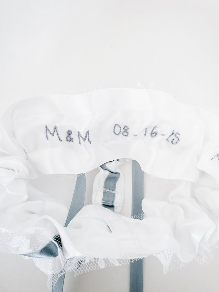 Garter Set: White Lace & Blue Satin with Personalized Embroidery