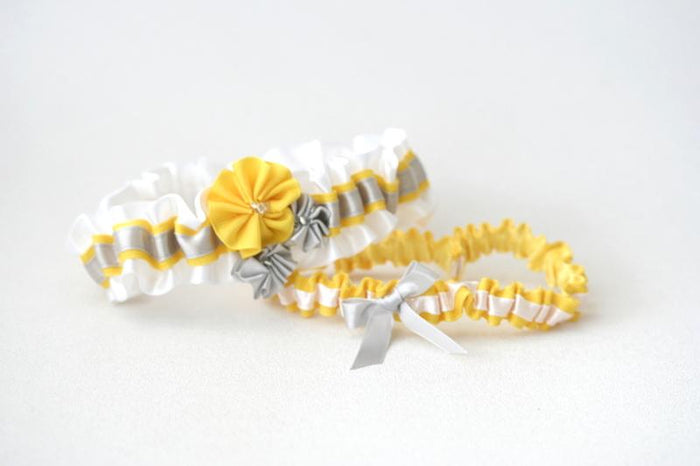 Custom Wedding Garter: White, Gray and Yellow