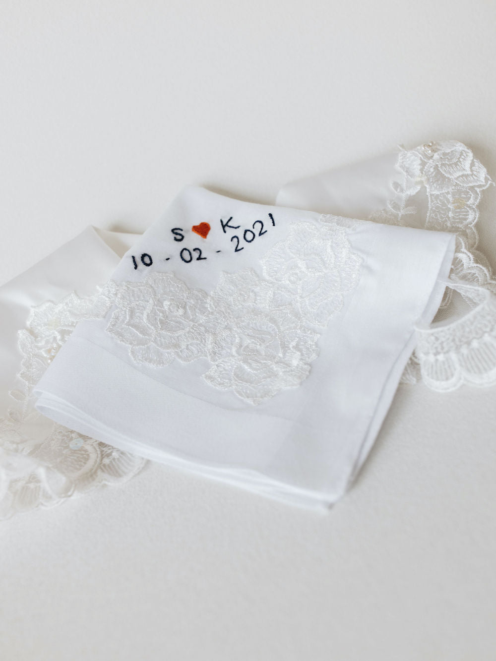 personalized wedding handkerchief with mother's wedding dress lace, customized w hand embroidery by heirloom designer, The Garter Girl