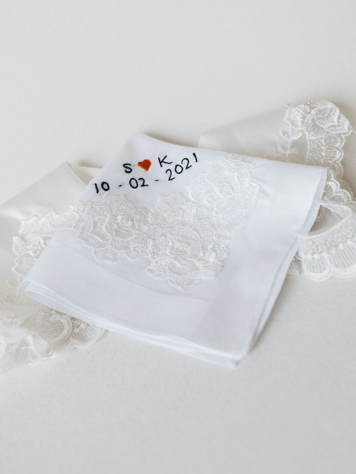 personalized wedding handkerchief with mother's wedding dress lace, customized w hand embroidery by heirloom designer, The Garter Girl