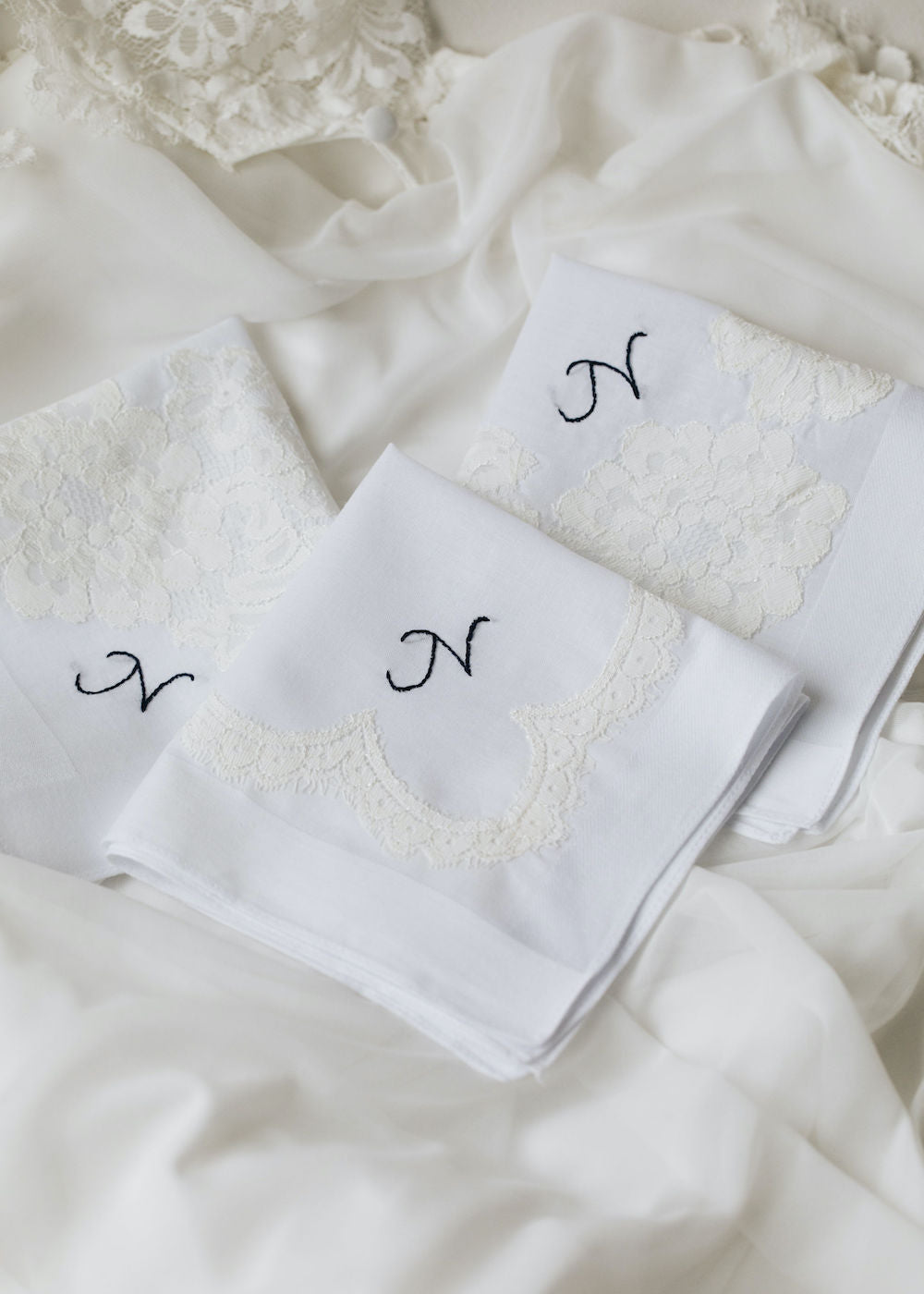 personalized wedding handkerchief made from bride's mother's lace wedding dress, embroidered w monogram - handmade heirloom by The Garter Girl