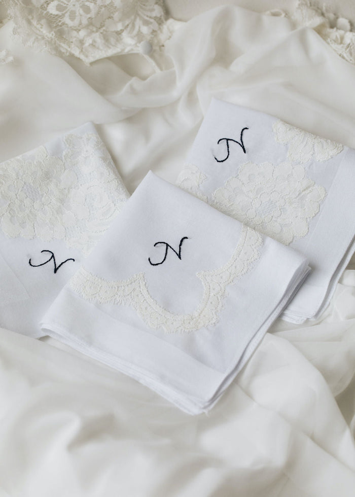 personalized wedding handkerchief made from bride's mother's lace wedding dress, embroidered w monogram - handmade heirloom by The Garter Girl