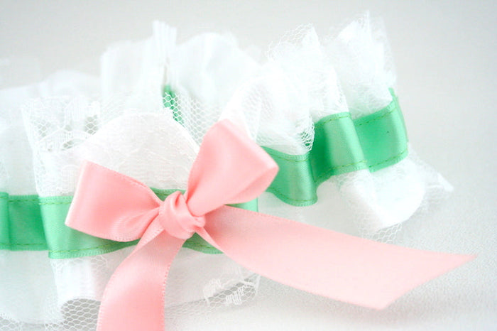 White Lace, Green and Pink Garter Set