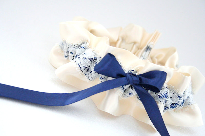 Ivory Lace and Navy Blue Garter