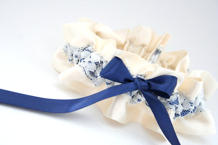 Ivory Lace and Navy Blue Garter