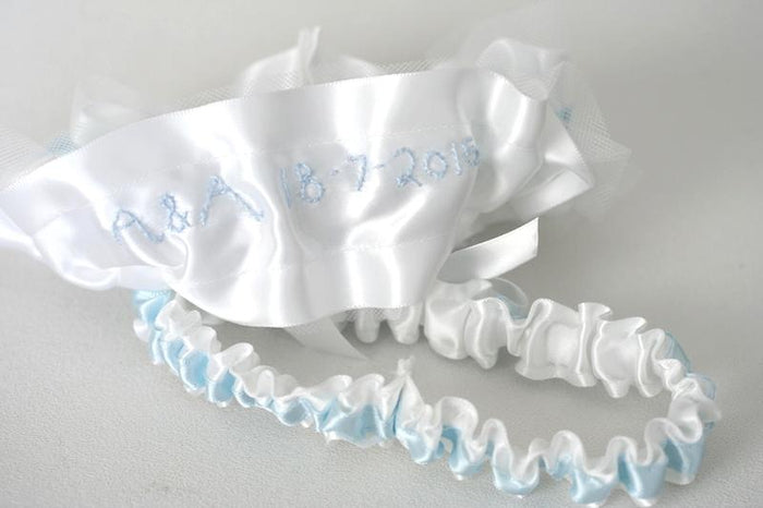 White Tulle, Light Blue and Bling Garter Set