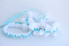 White Lace, Aqua Feathered and Corset Tie Wedding Garter Set