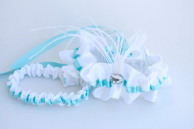 White Lace, Aqua Feathered and Corset Tie Wedding Garter Set