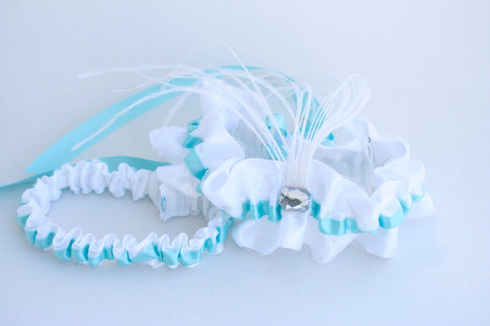 White Lace, Aqua Feathered and Corset Tie Wedding Garter Set