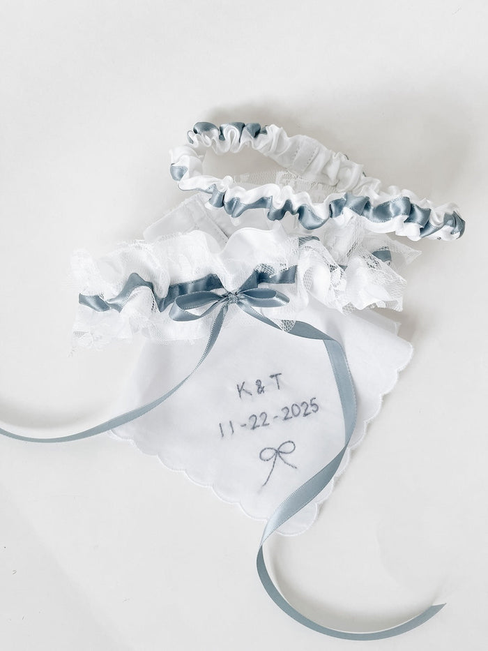Garter Set: White Lace & Dusty Blue Personalized & Handkerchief