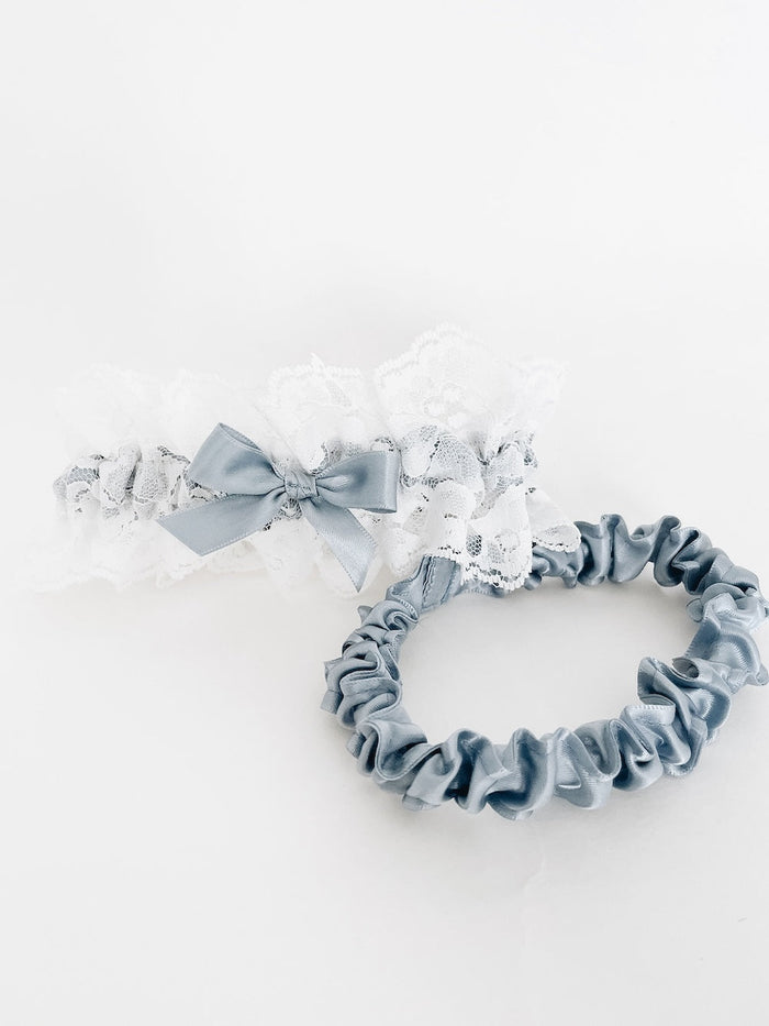 Garter Set: White Lace with Dusty Blue Satin & Personalized