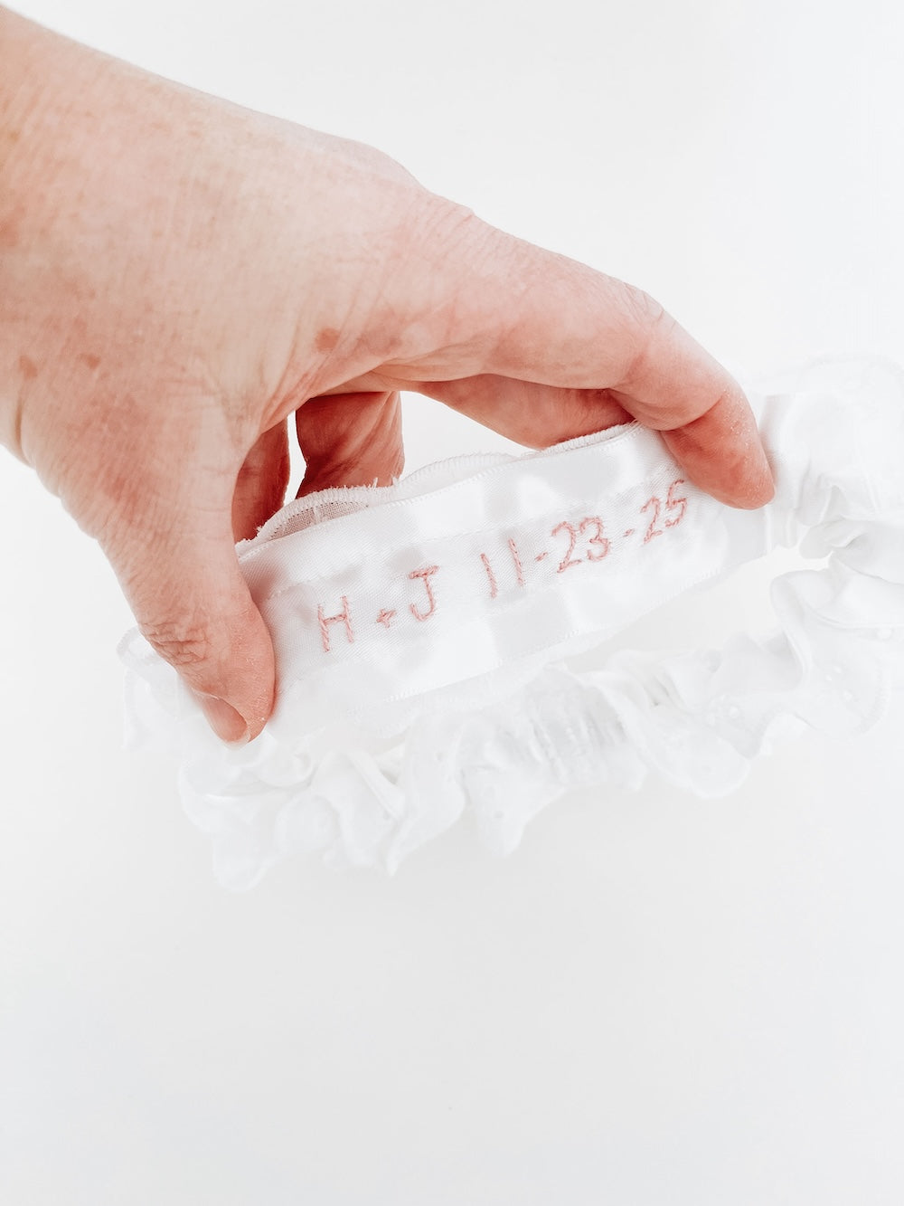 Garter: White Eyelet Lace with Pink Embroidery Personalization