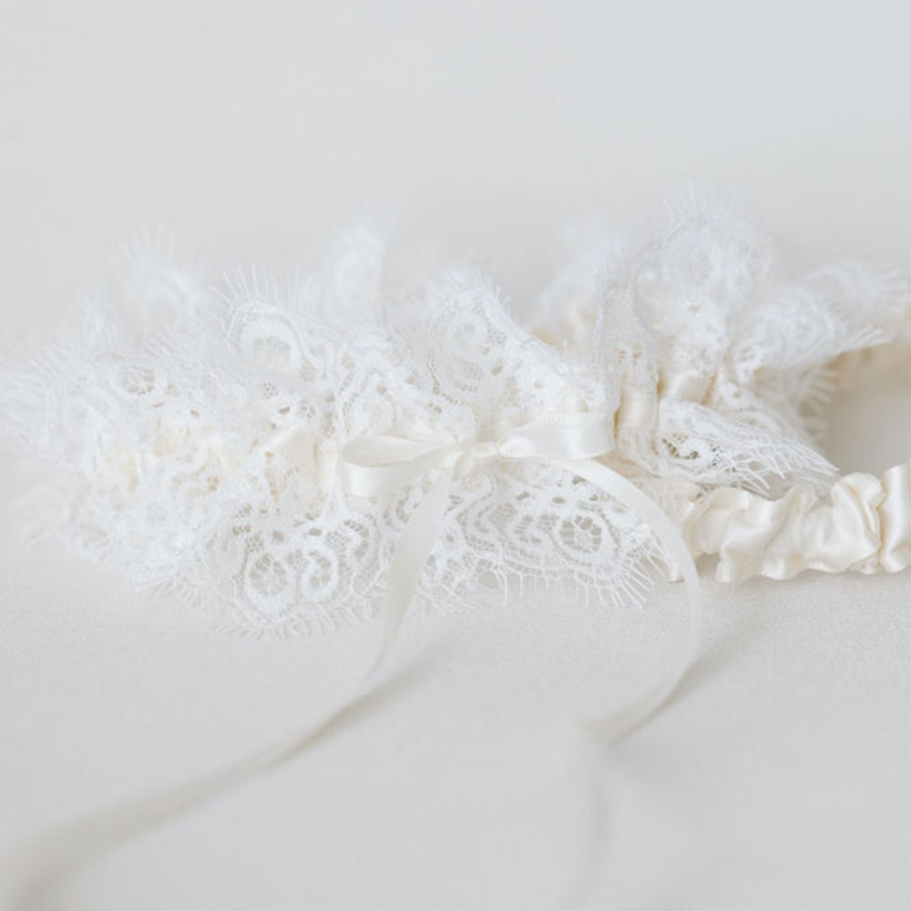 designer wedding garter, bridal accessory with ivory eyelash scallop lace, keepsake heirloom handmade by The Garter Girl