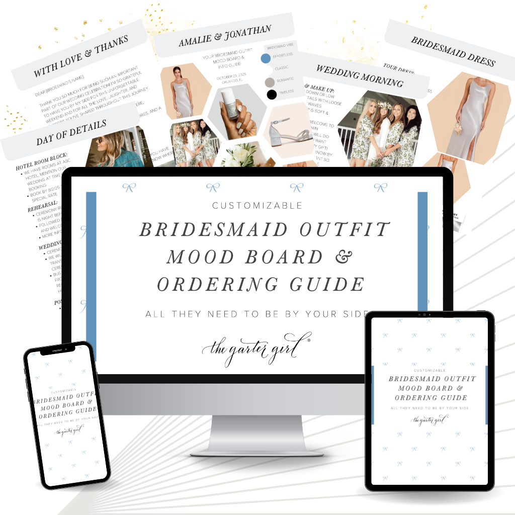 Best Bridesmaid Outfit Mood Board Customizable Outfit Ordering Guide, Bridesmaid Dress, Accessories, Weekend Itinerary by expert bridal accessories designer, The Garter Girl