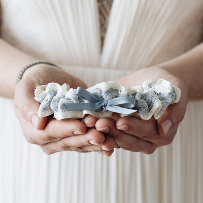 designer something blue for bride, dusty blue and ivory lace wedding garter heirloom handmade by The Garter Girl