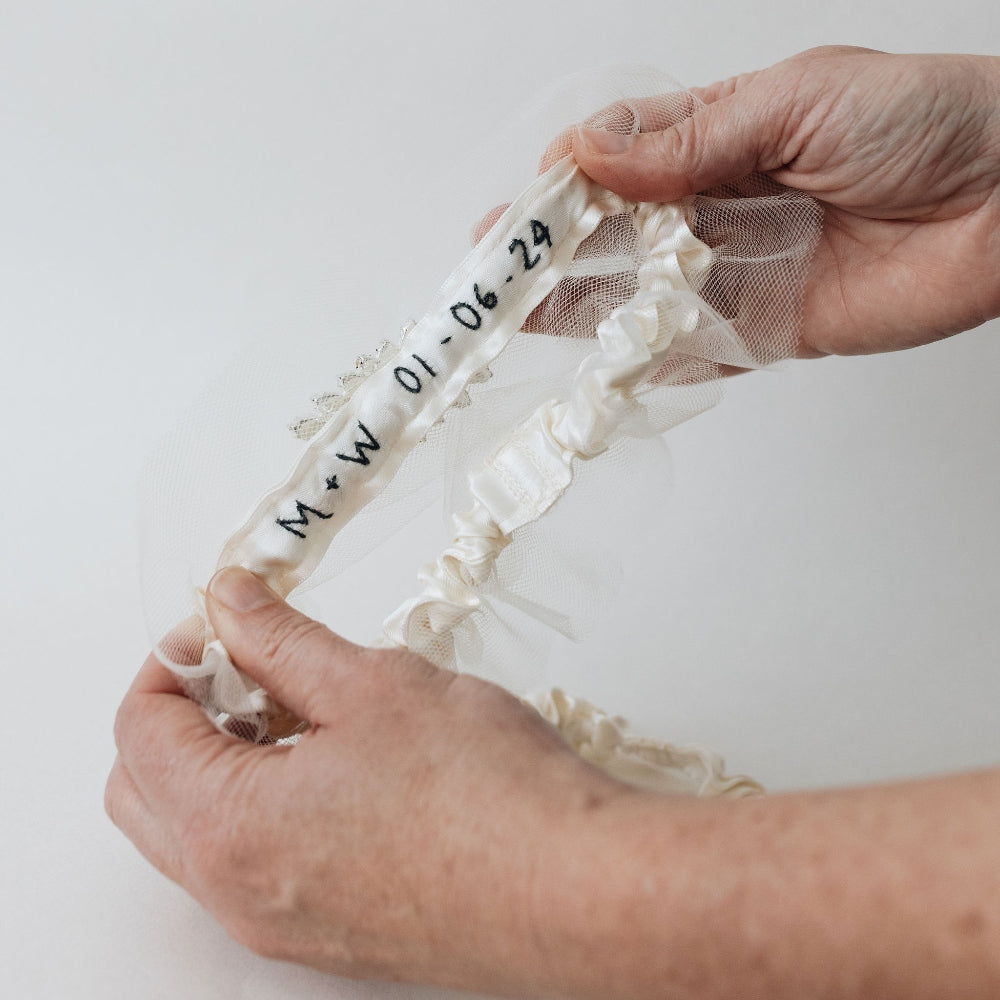 Personalized Luxury Wedding Garter Heirloom with Hand Embroidery, Initials, Wedding Date, Monogram by expert bridal accessories designer, The Garter Girl