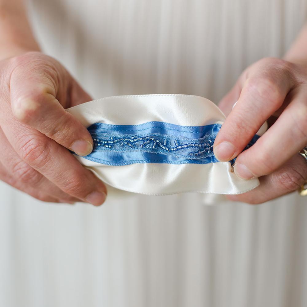 luxury beaded blue wedding garter handmade by The Garter Girl