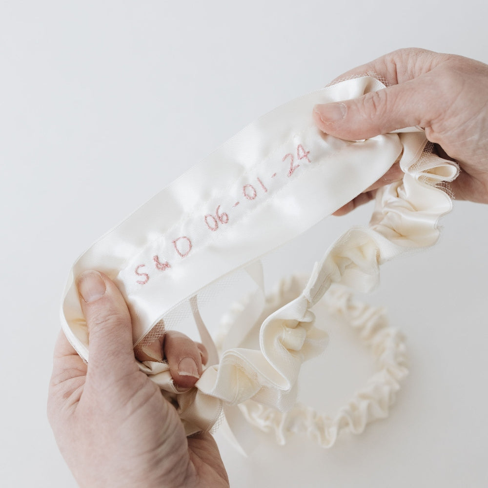 Personalized Luxury Wedding Garter Heirloom with Hand Embroidery, Initials, Wedding Date, Monogram by expert bridal accessories designer, The Garter Girl