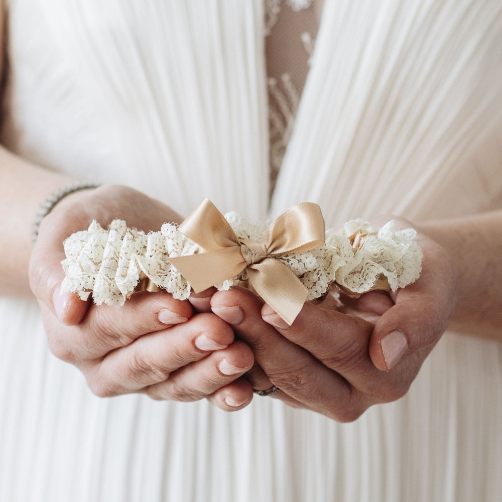 luxury champagne and lace wedding garter handmade by The Garter Girl