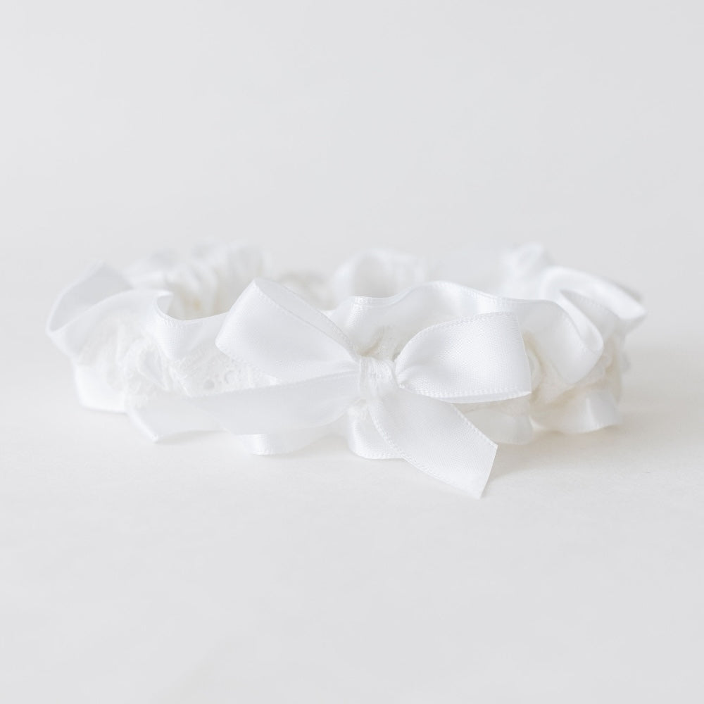 White lace and satin wedding garter set handmade by The Garter Girl