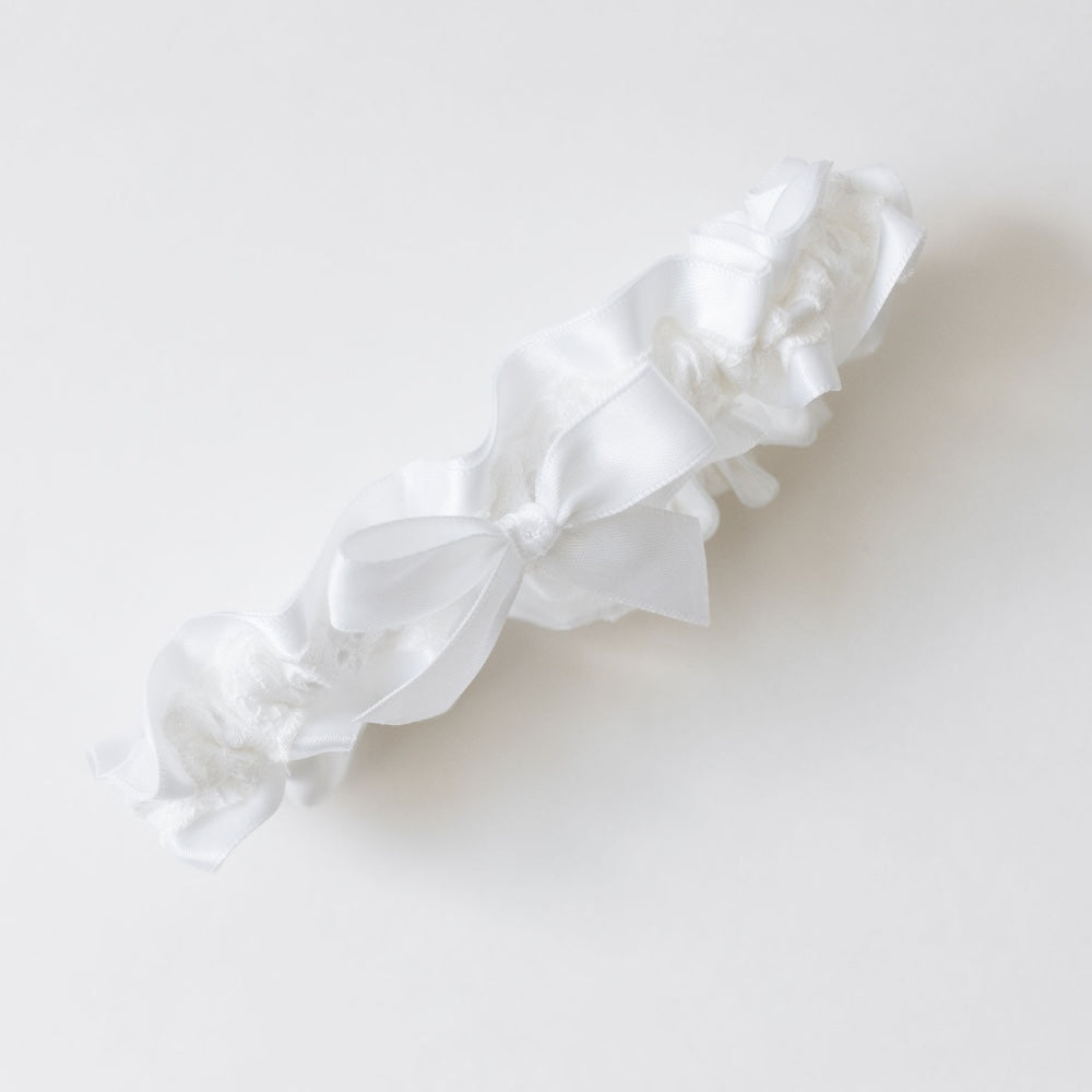 White lace and satin wedding garter set handmade by The Garter Girl