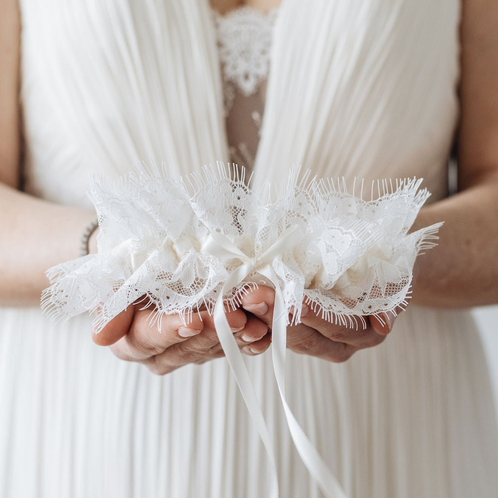 designer wedding garter, bridal accessory with ivory eyelash scallop lace, keepsake heirloom handmade by The Garter Girl