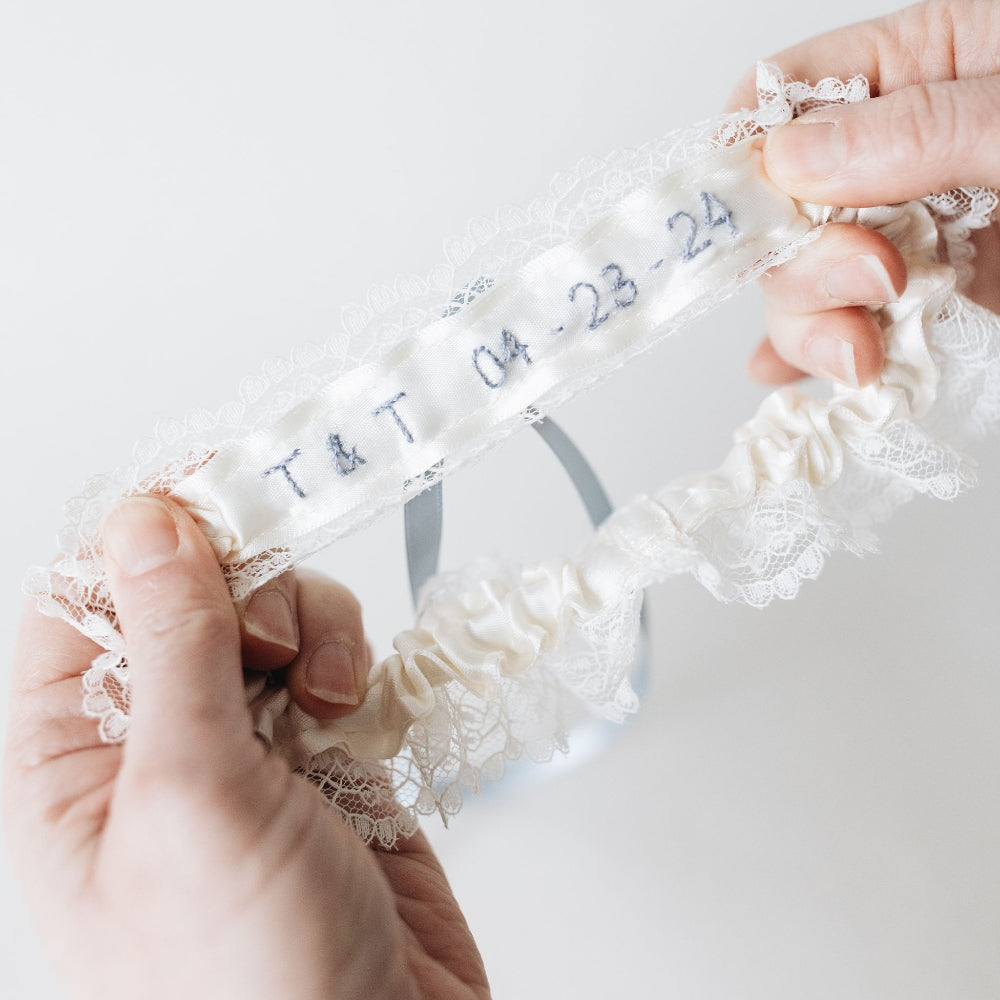 Personalized Luxury Wedding Garter Heirloom with Hand Embroidery, Initials, Wedding Date, Monogram by expert bridal accessories designer, The Garter Girl